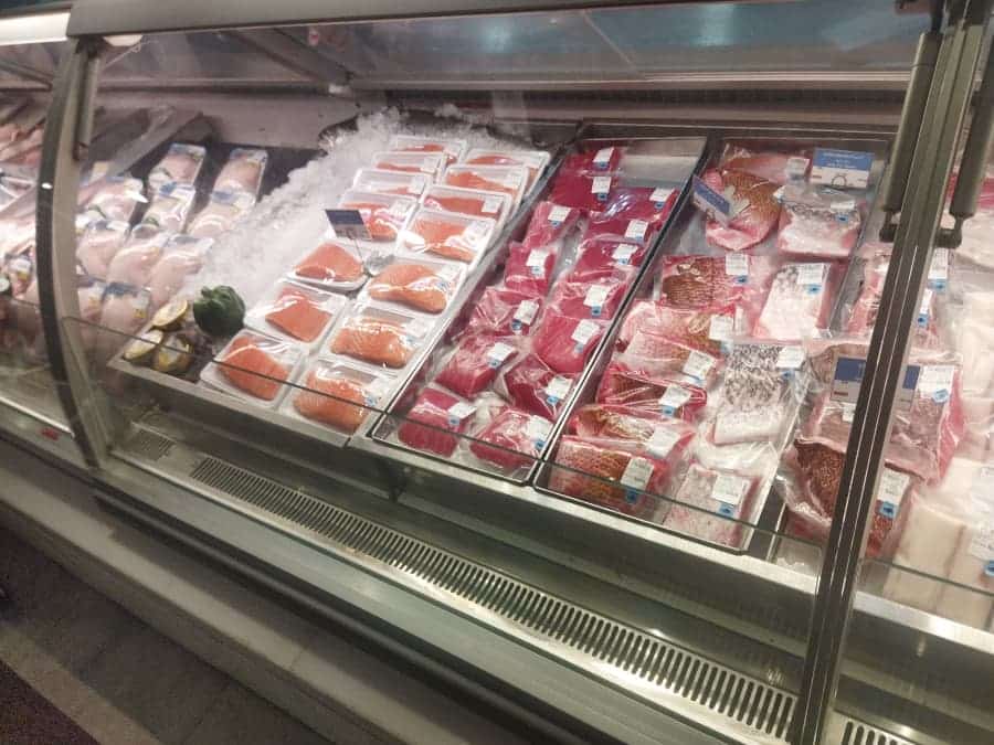 Meat in a meat cooler in grocery store