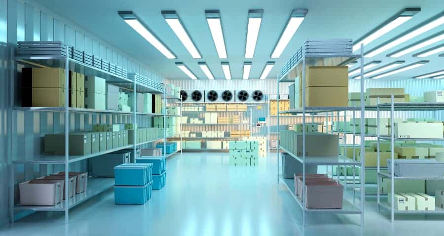 Walk-in freezer with storage boxes and lights