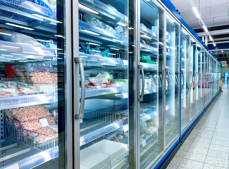 Grocery store freezer section with various food items