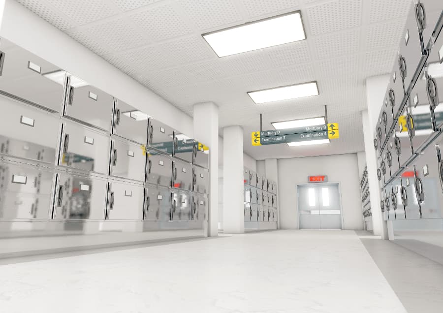 Spacious morgue with mortuary cabinets and sign
